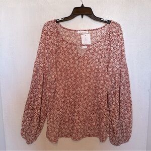 Ces‎ Femme Floral Print Long Sleeve Top Cottagecore Large Brick & White Sweet
